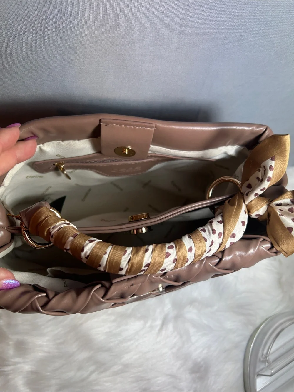 bebe Luca Mini Satchel Crossbody Woven in Taupe with Patterned Handle Wrap